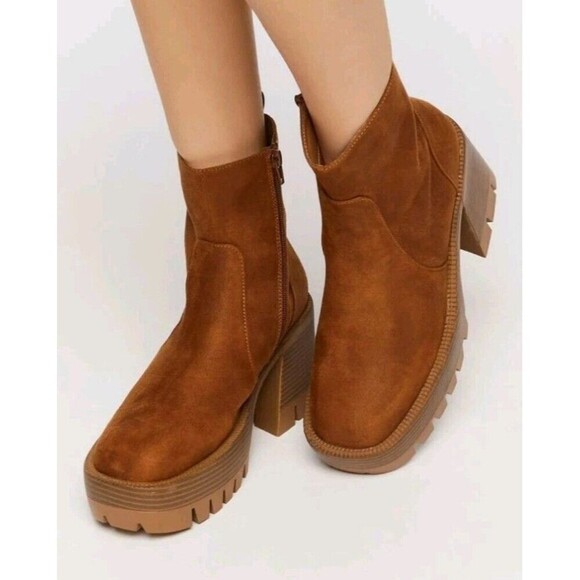 Women’s Square Toe Platform Boots Size 8  Forever 21 Brown Chunky Booties Boho - Picture 1 of 15